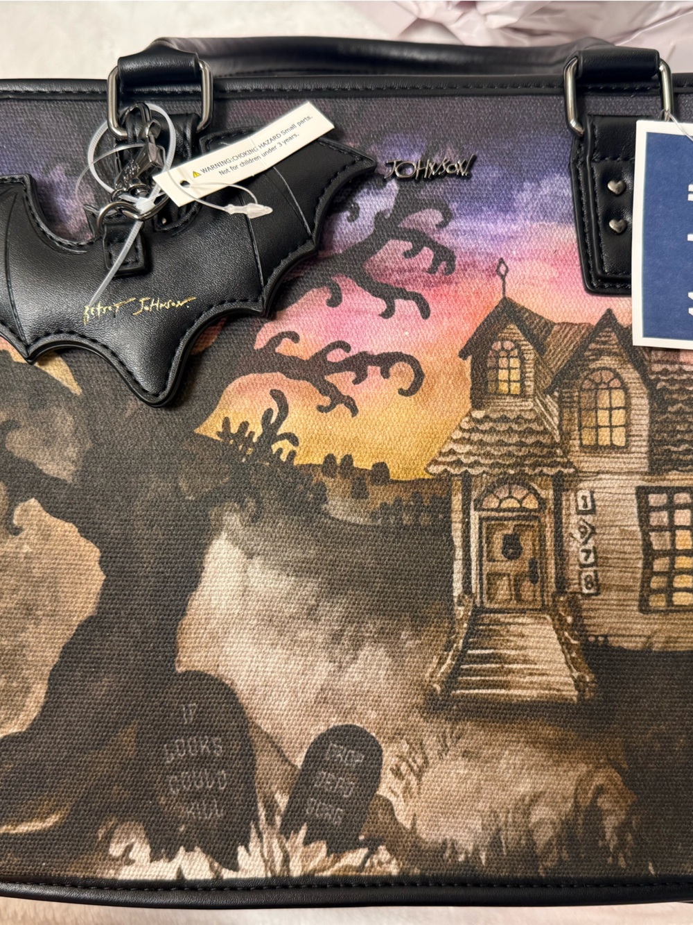 Viral Betsey Johnson Black Haunted House Satchel with Purple & Orange Sunset - Picture 2 of 8